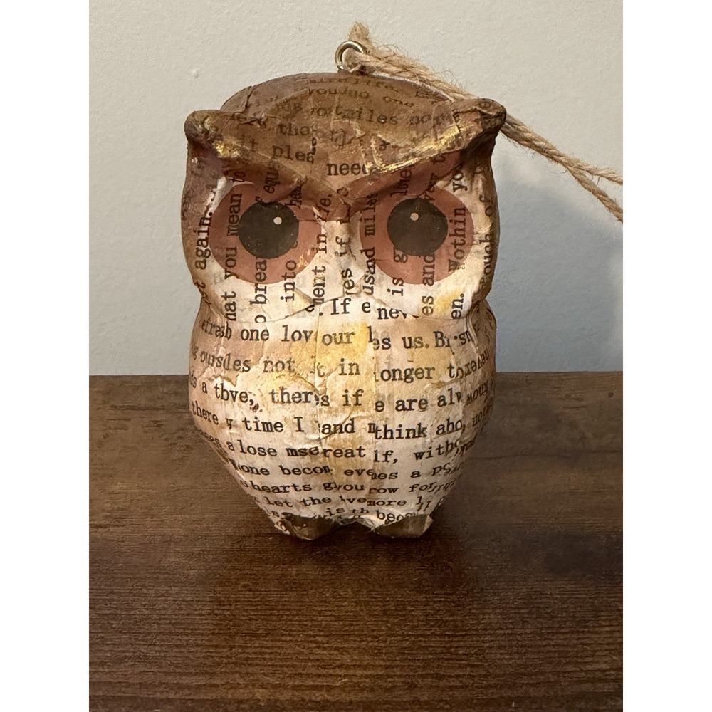 Handcrafted Papier-Mâché Owl‎ Ornament with Decoupage Book Page Design 4"